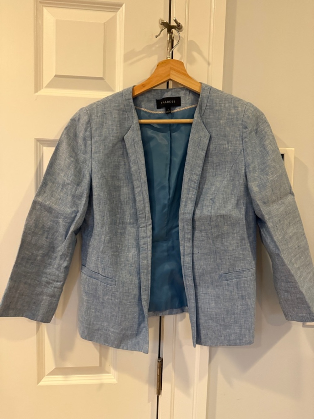 Talbots Light Blue Collarless Linen-Blend Open Blazer